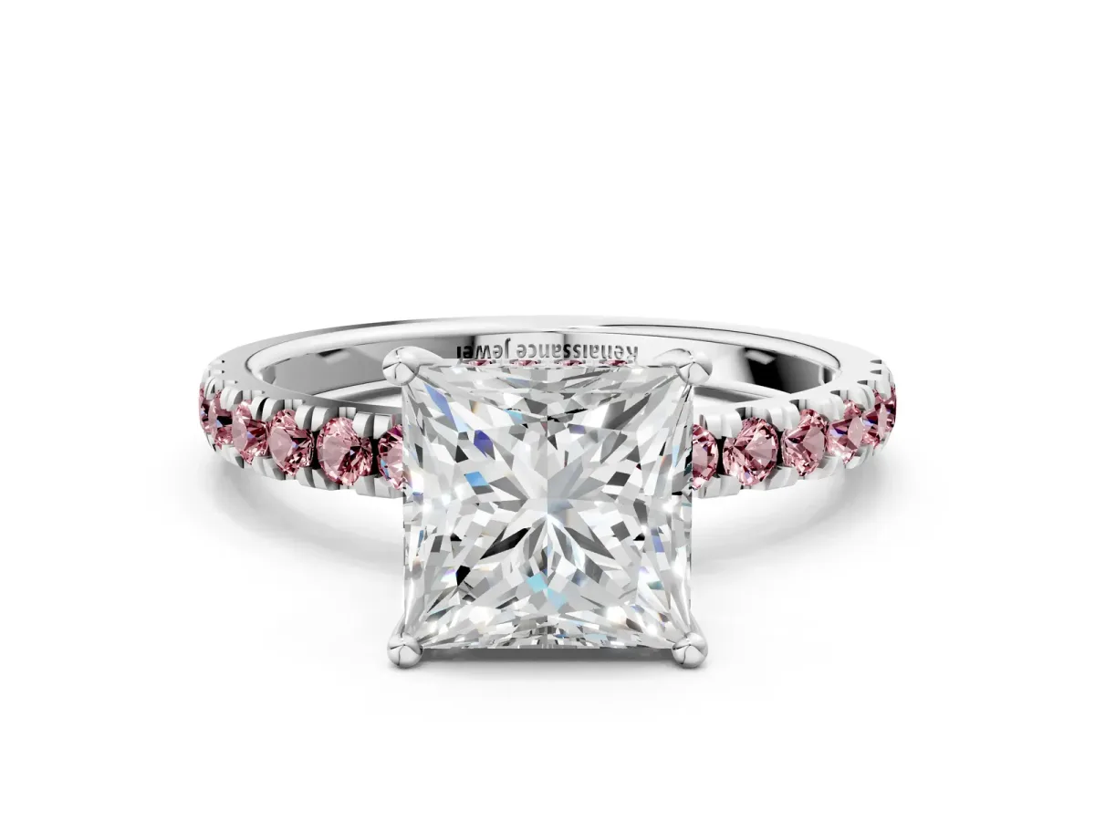 Princess Cut Diamond Pave Band Solitaire Ring with Round Morganite and Prong Setting Silver