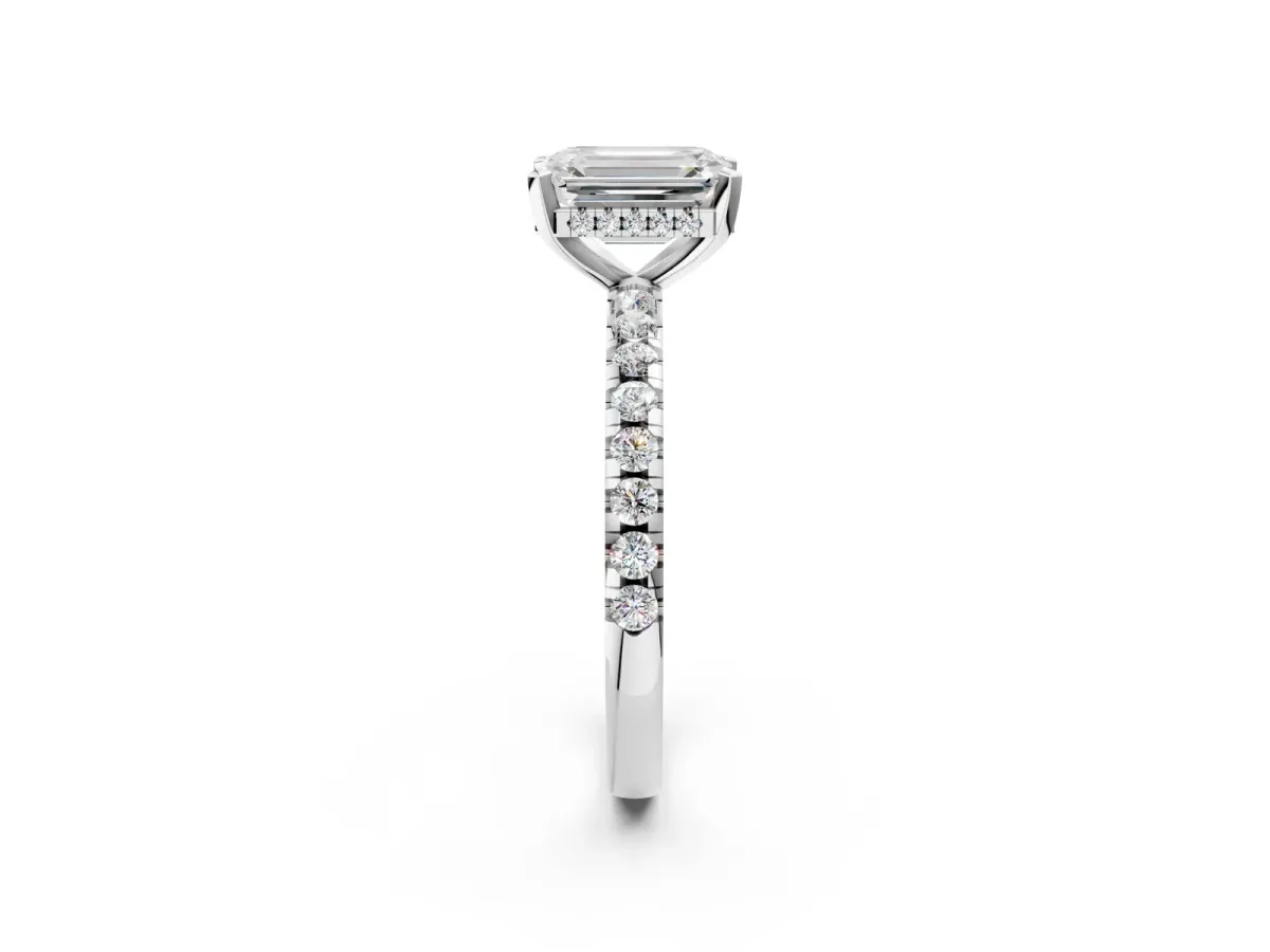 Emerald Cut Diamond Solitaire Ring with Round Pavé Band and Four-Prong Setting Platinum