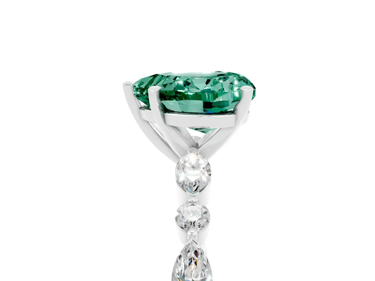 Heart Cut Green Sapphire Ring with Marquise and Round Side Stones and Four-Prong Setting Platinum