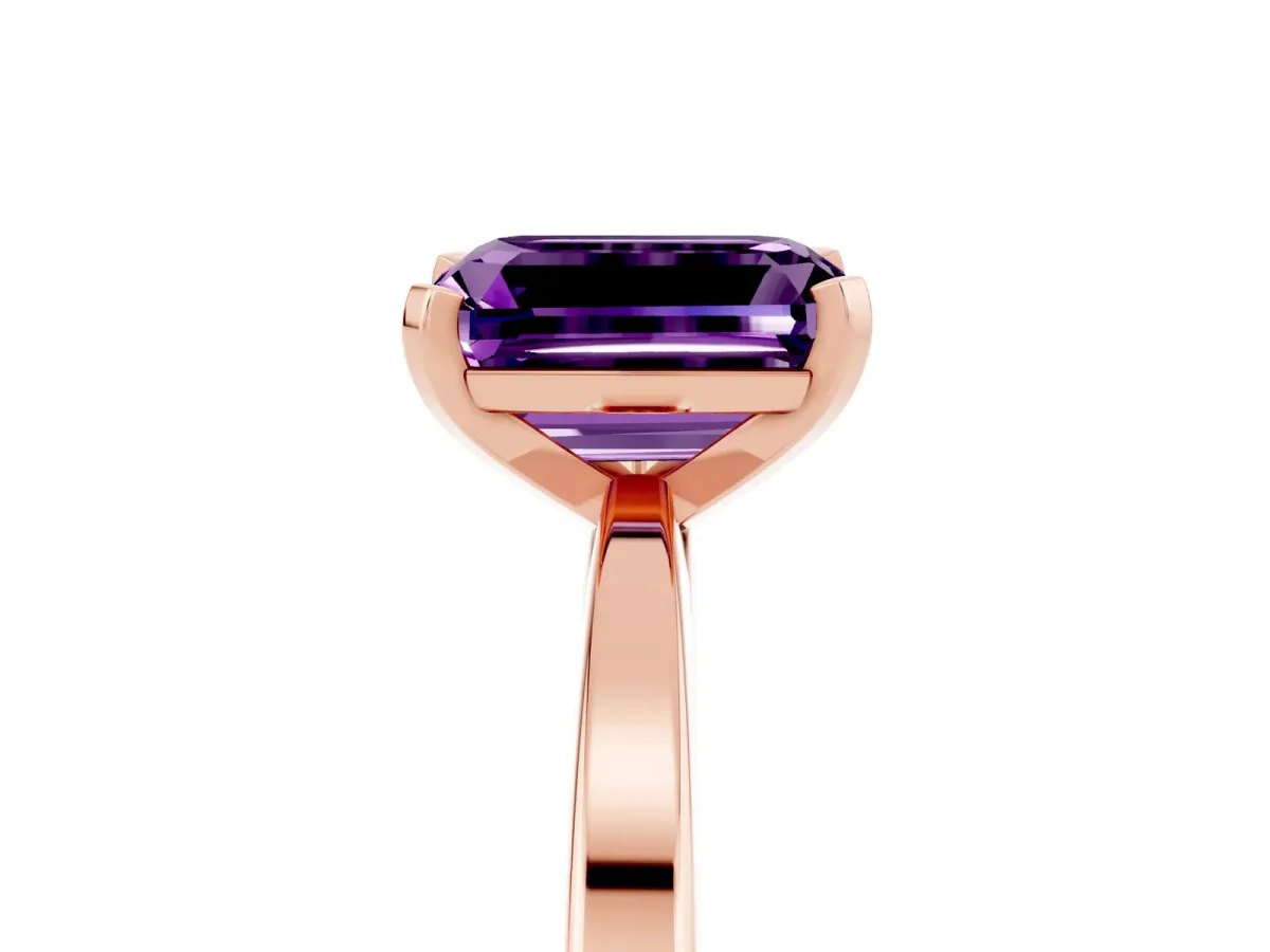 Emerald Cut Amethyst Solitaire Engagement Ring with Classic Band and Four-Prong Setting Rose gold