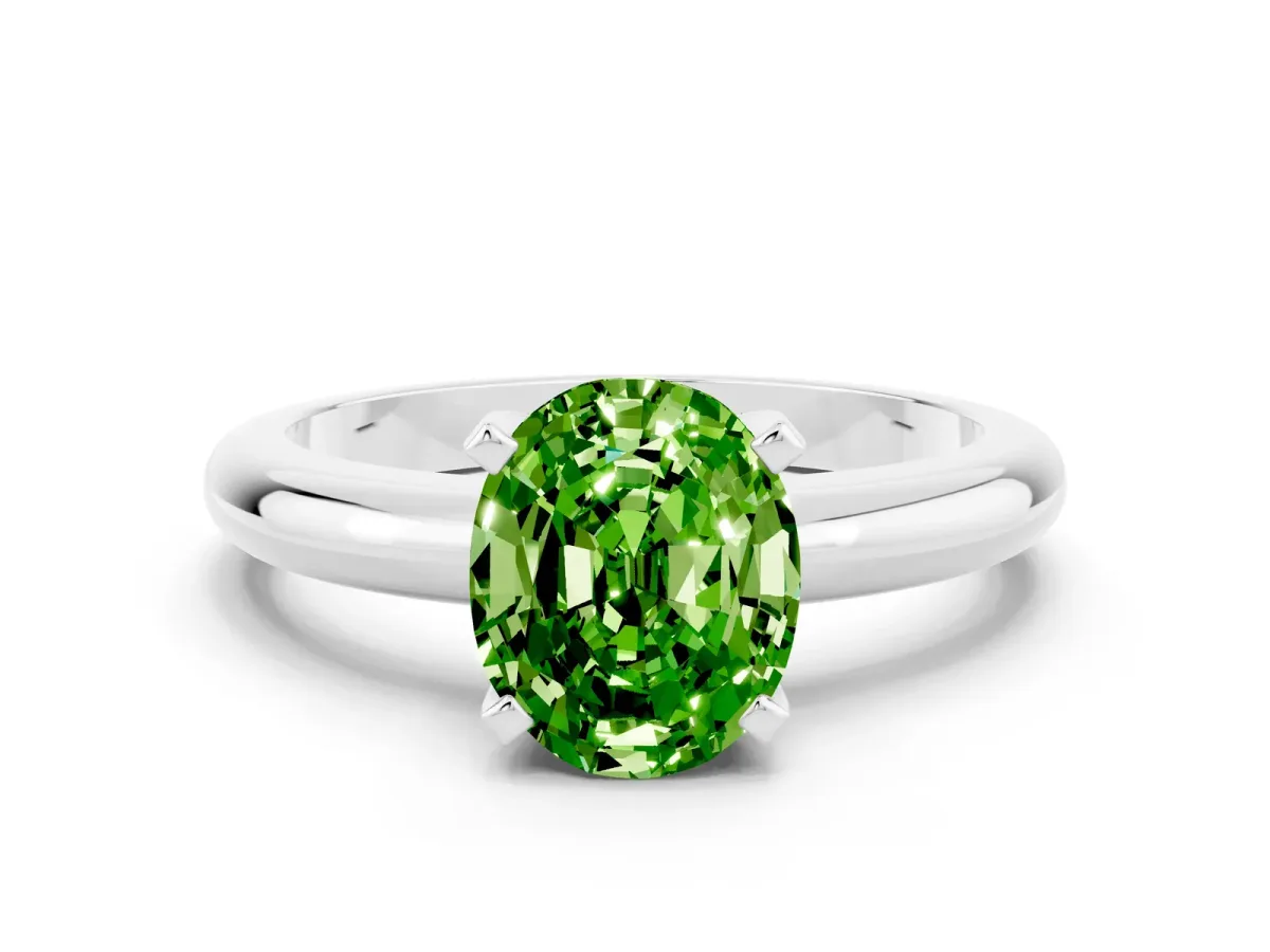 Oval Cut Peridot Solitaire Engagement Ring with Round Band and Four-Prong Setting Platinum