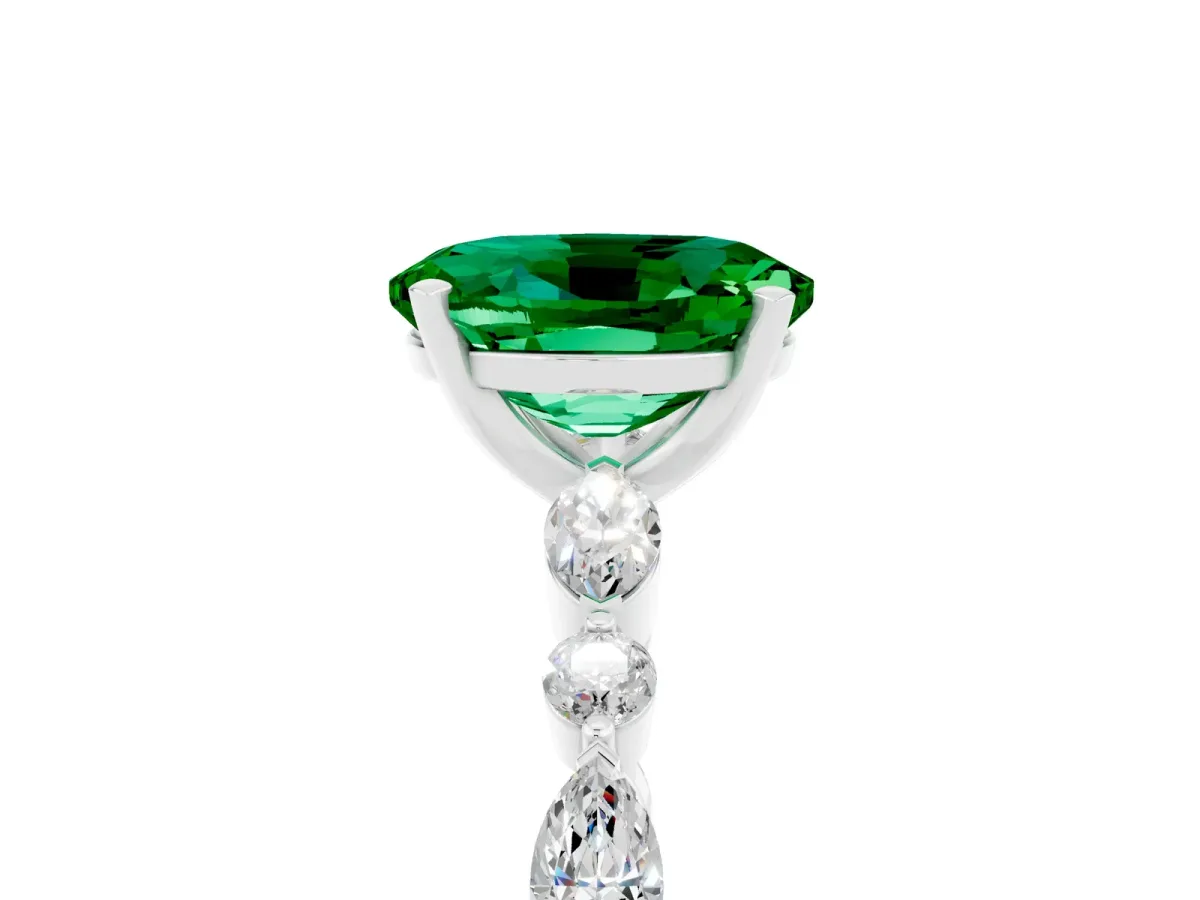 Oval Cut Emerald Ring with Marquise and Round Side Stones and Four-Prong Setting Silver