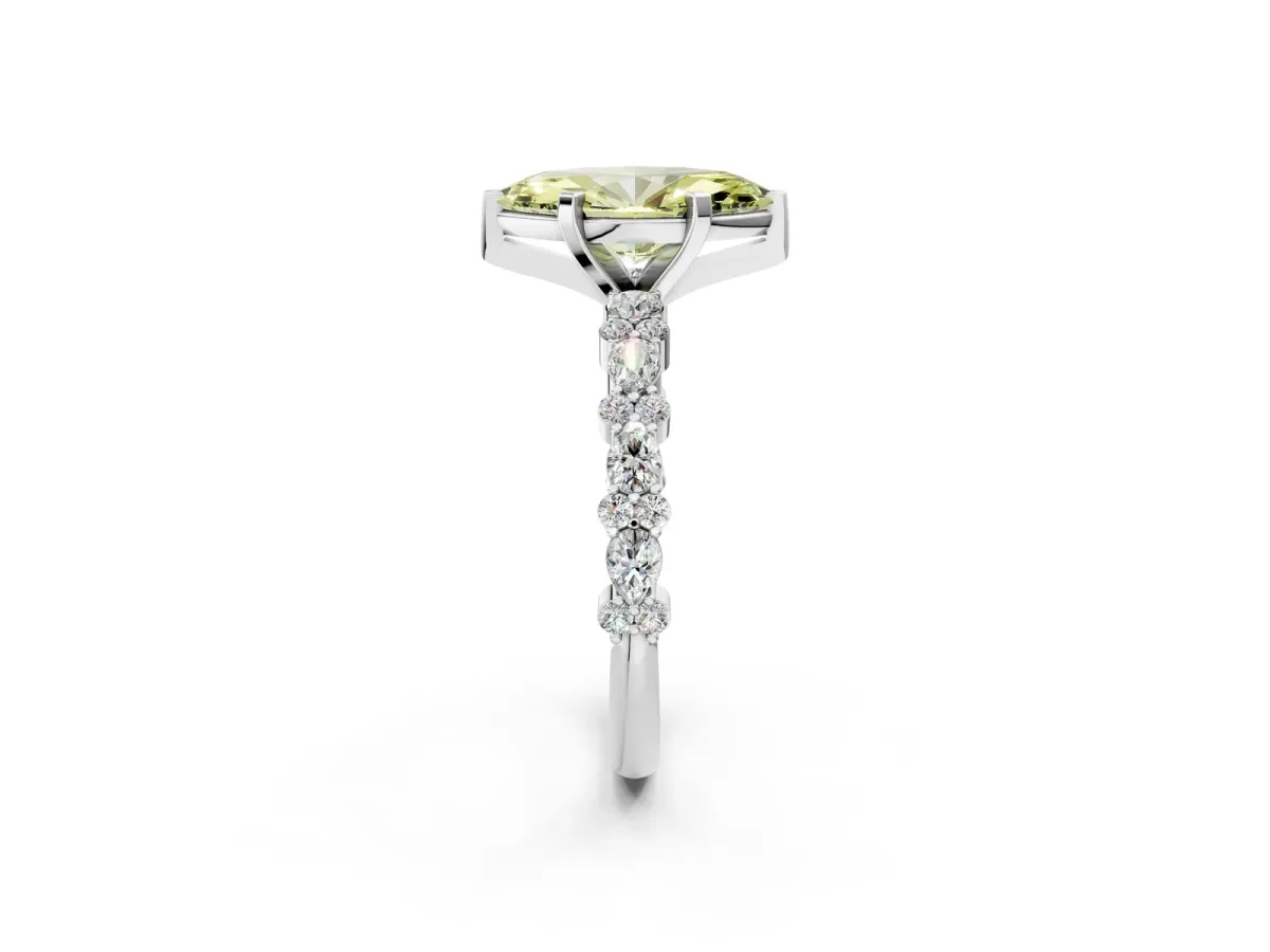 Fancy Yellow Marquise Cut Diamond Side Stone Solitaire Ring with Round and Four-Prong Setting White gold