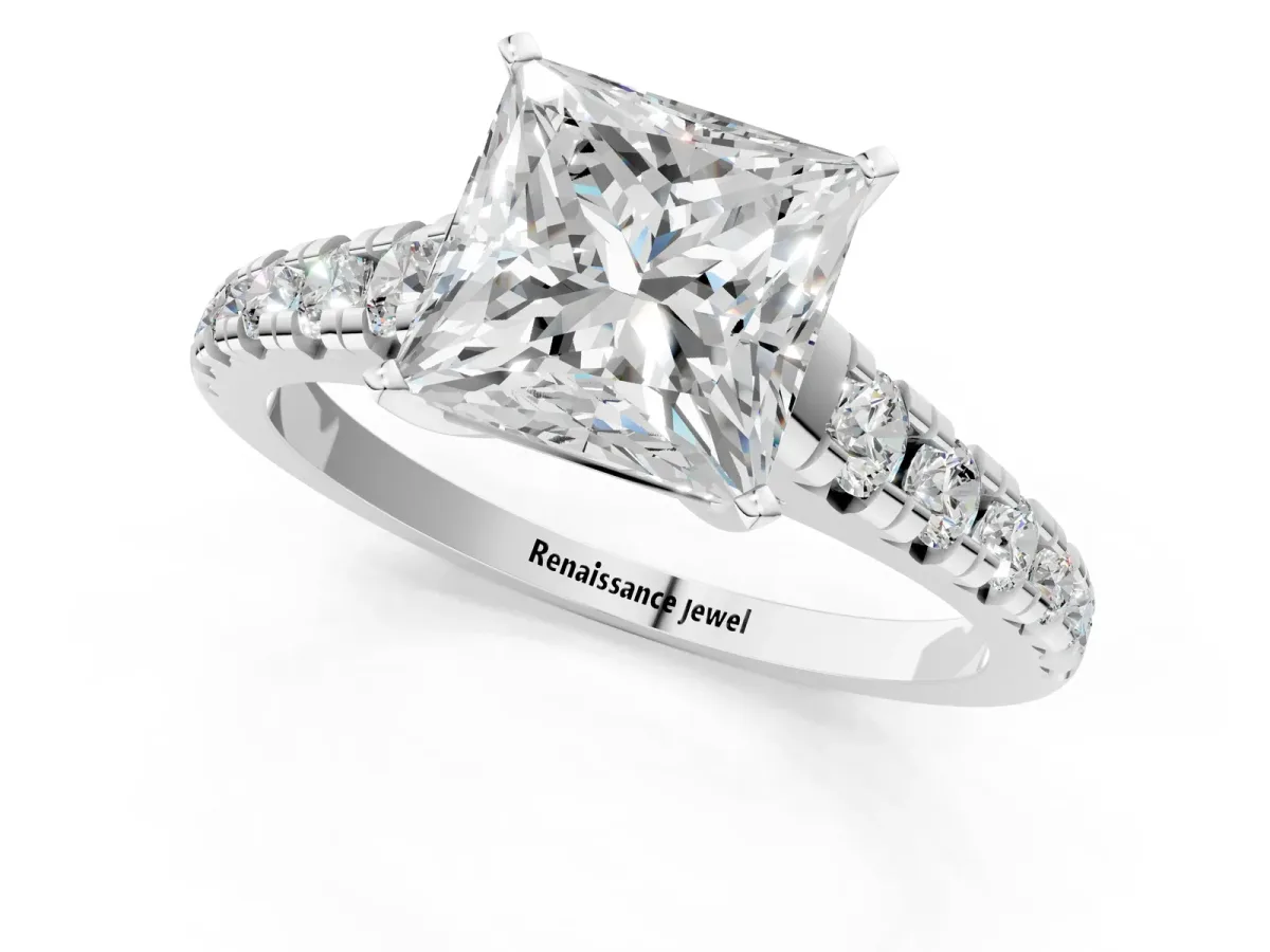 Princess Cut Diamond Cathedral Solitaire Ring with Round Pavé Band Platinum