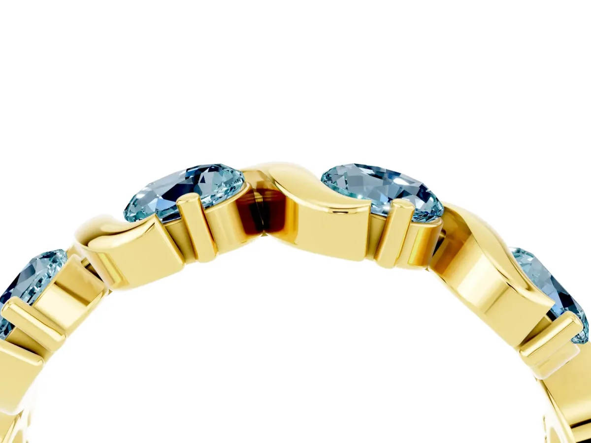 Round Aquamarine Half Eternity Band with Wave Prong Setting Yellow gold