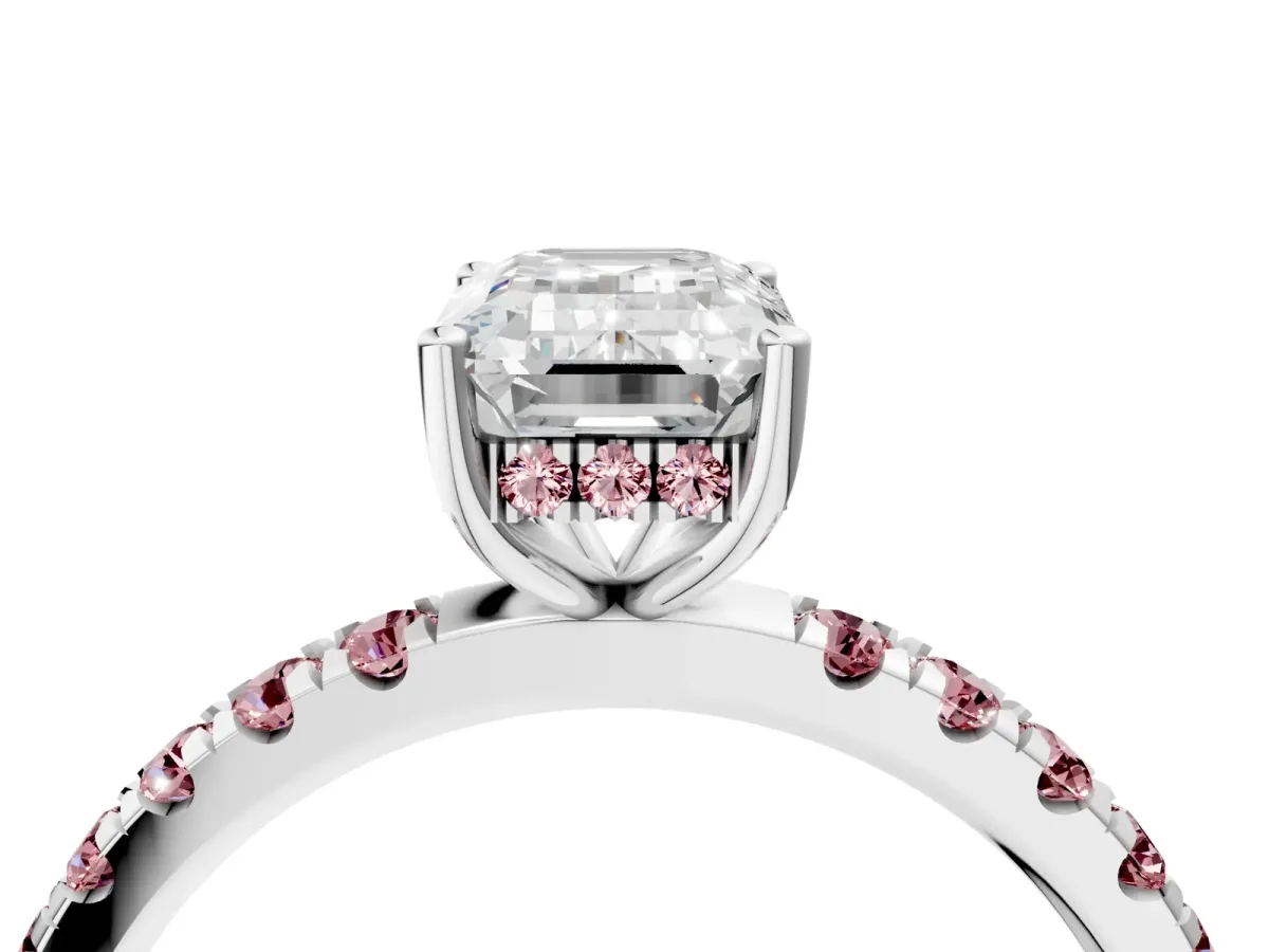 Emerald Cut Diamond Pave Band Solitaire Ring with Round Morganite and Prong Setting Platinum