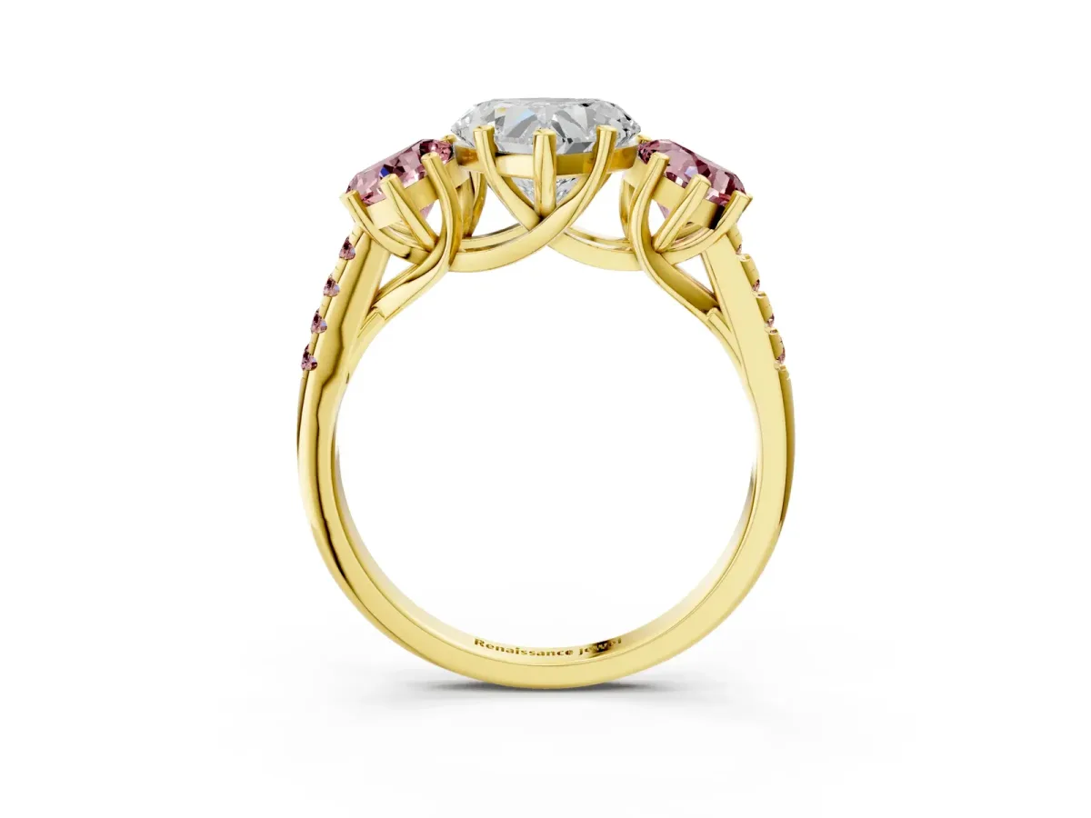 Three-Stone Heart Cut Diamond Ring with Round Morganite Pavé Band and Prong Setting Yellow gold