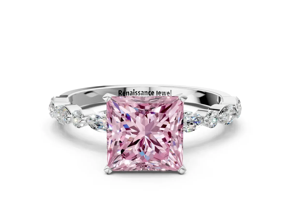 Fancy Pink Princess Cut Diamond Ring with Marquise and Round Side Stones and Four-Prong Setting Silver