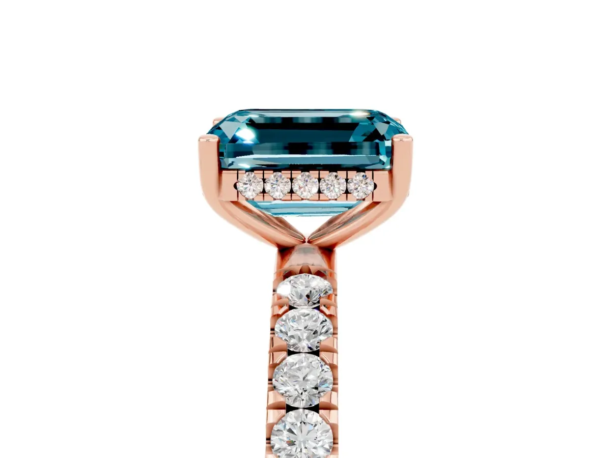Emerald Cut Blue Topaz Pave Band Solitaire Ring with Round and Prong Setting Rose gold