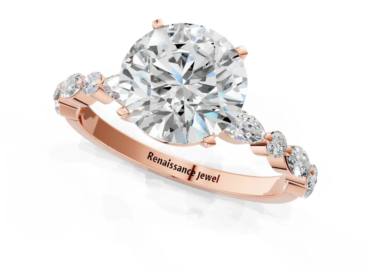 Round Cut Diamond Ring with Marquise and Round Moissanite Side Stones and Four-Prong Setting Rose gold