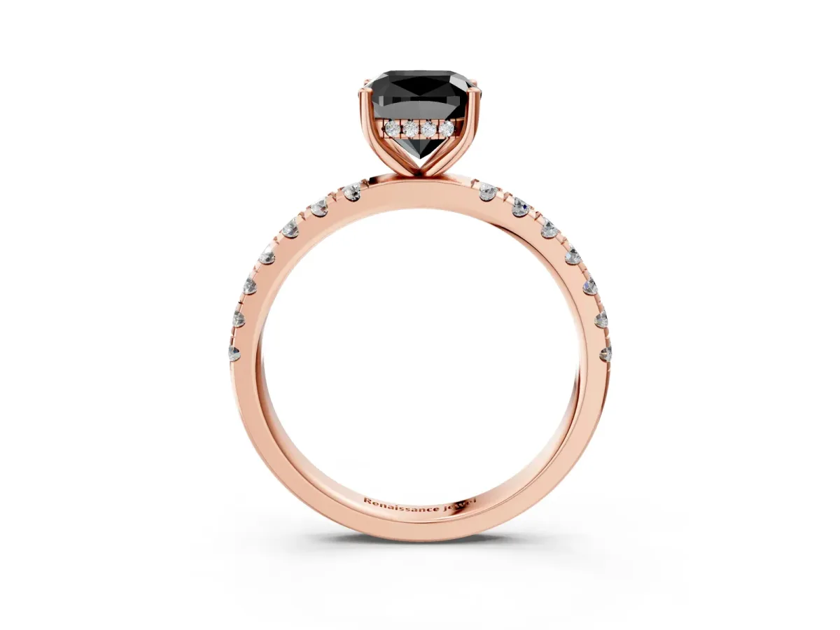 Fancy Black Cushion Cut Diamond Pave Band Solitaire Ring with Round and Prong Setting Rose gold