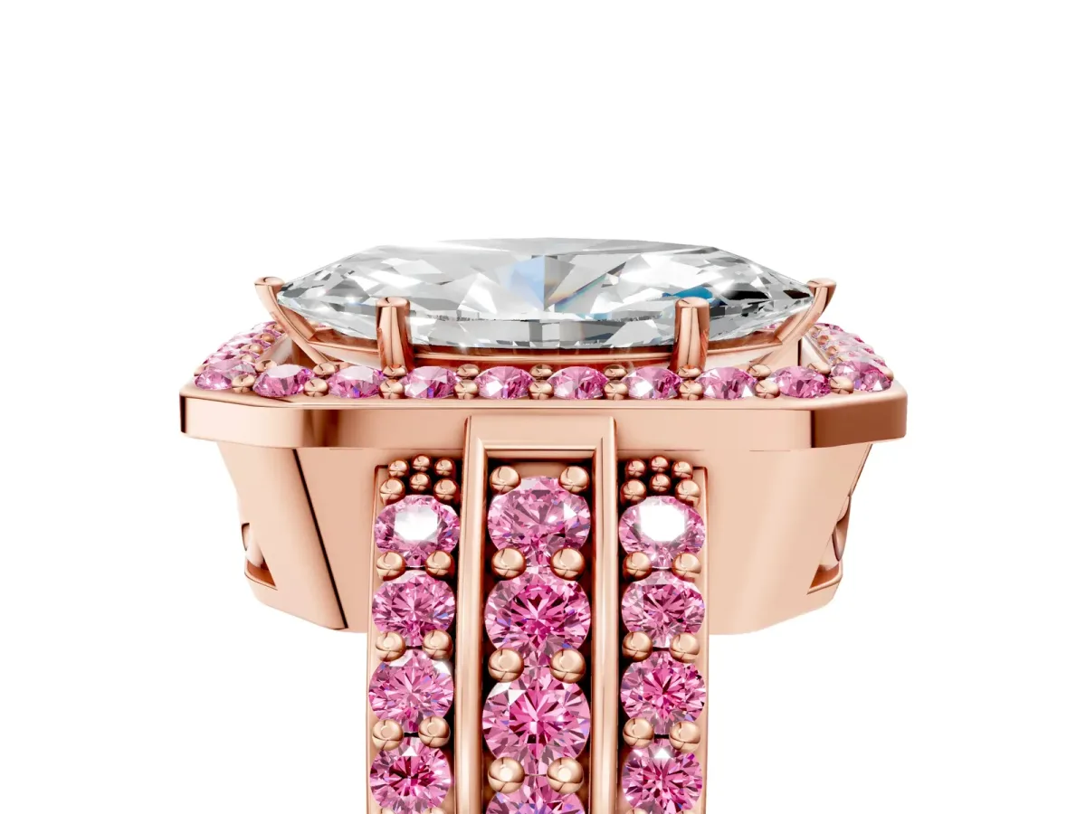 Marquise Cut Halo Diamond Ring with Round Pink Sapphire Split Shank and Prong Setting Rose gold