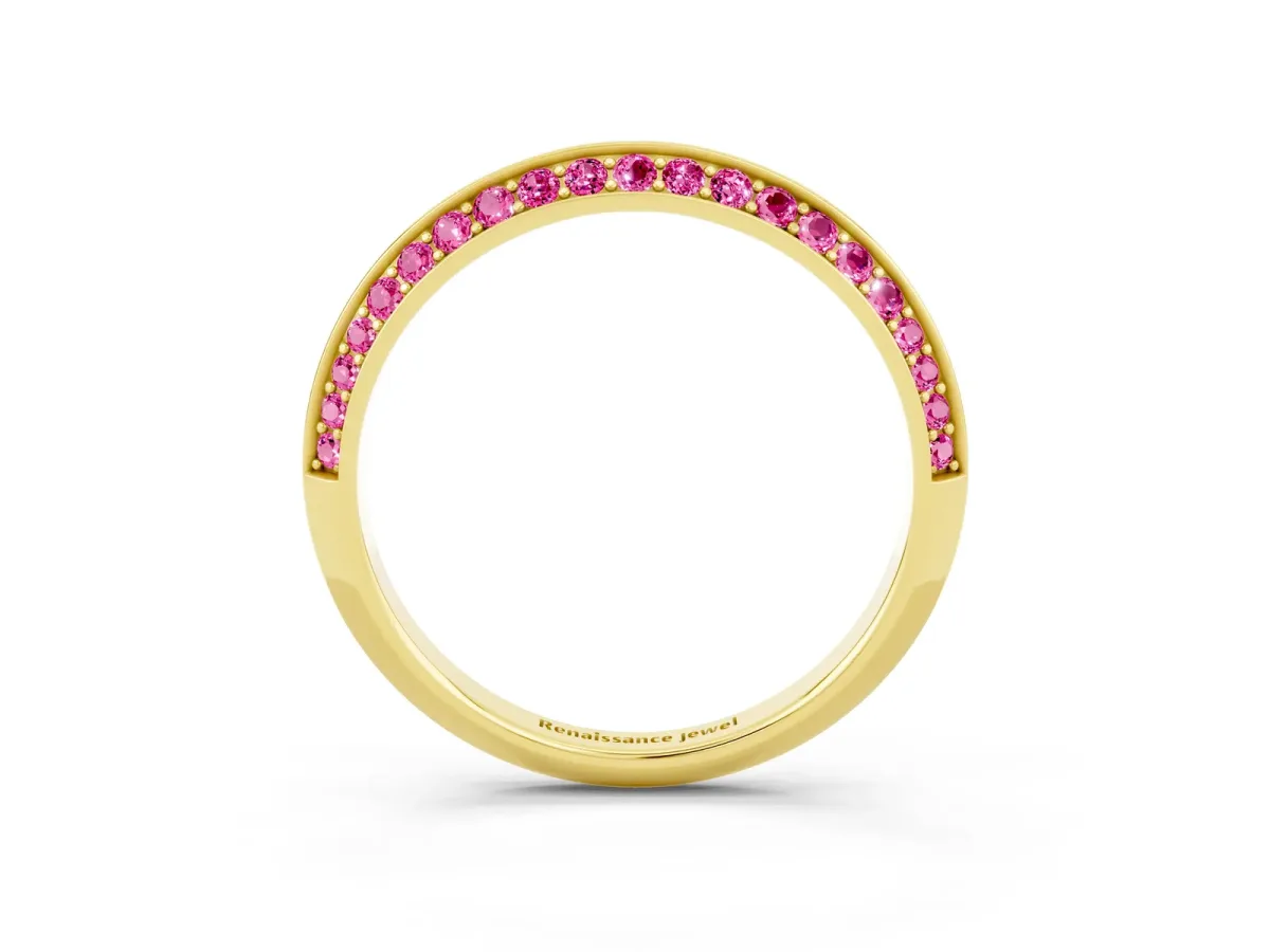 Double Row Pavé Round Pink Sapphire Eternity Band with Channel Setting Yellow gold