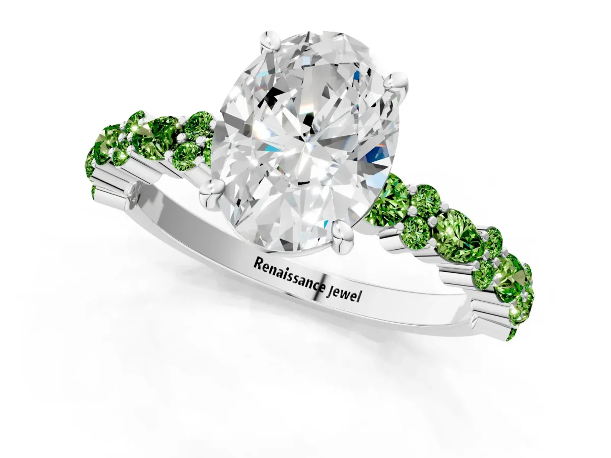 Oval Cut Diamond Side Stone Solitaire Ring with Round Peridot and Four-Prong Setting Silver