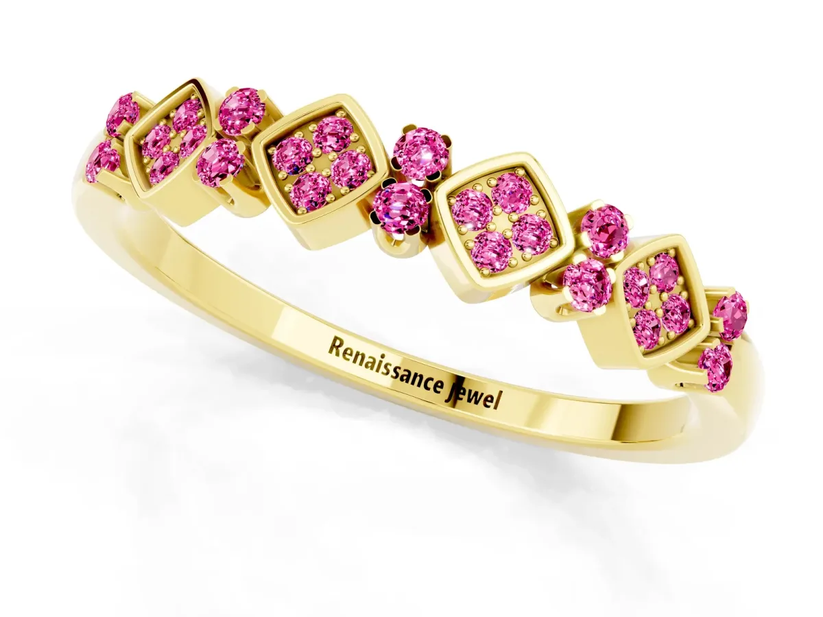 Pavé Cushion Pink Sapphire Cluster Eternity Band with Prong Setting Yellow gold