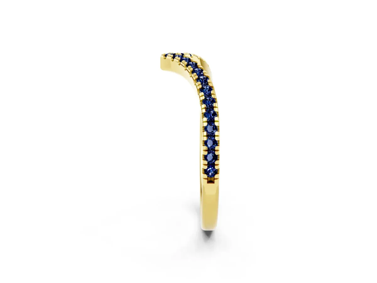 Pavé Round Blue Sapphire V-Shaped Chevron Band with Shared Prong Setting Yellow gold