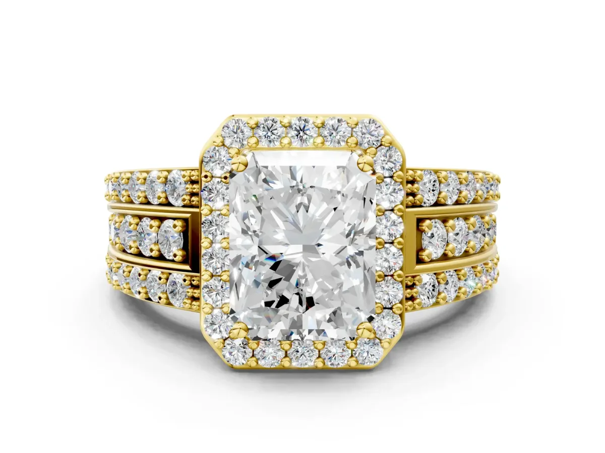 Radiant Cut Halo Diamond Ring with Round Moissanite Split Shank and Prong Setting Yellow gold