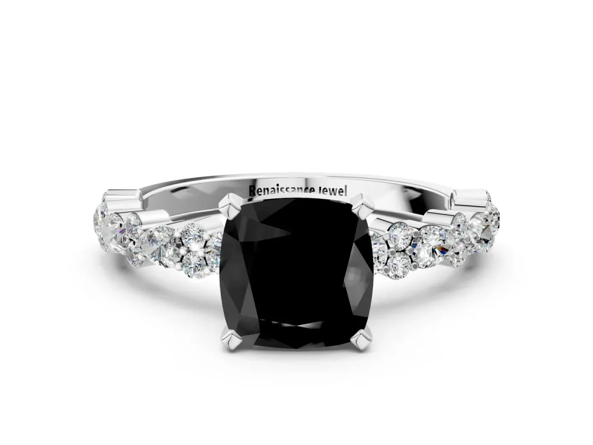 Fancy Black Cushion Cut Diamond Side Stone Solitaire Ring with Round and Four-Prong Setting Platinum
