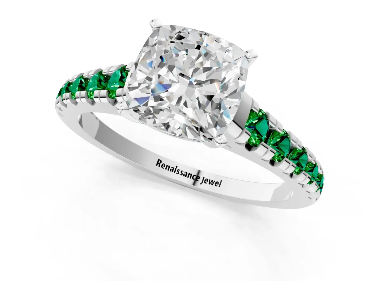 Cushion Cut Diamond Cathedral Solitaire Ring with Round Emerald Pavé Band Platinum