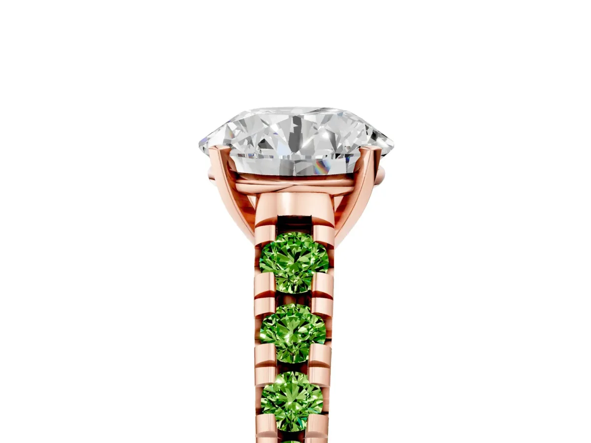 Round Cut Diamond Cathedral Solitaire Ring with Round Peridot Pavé Band Rose gold