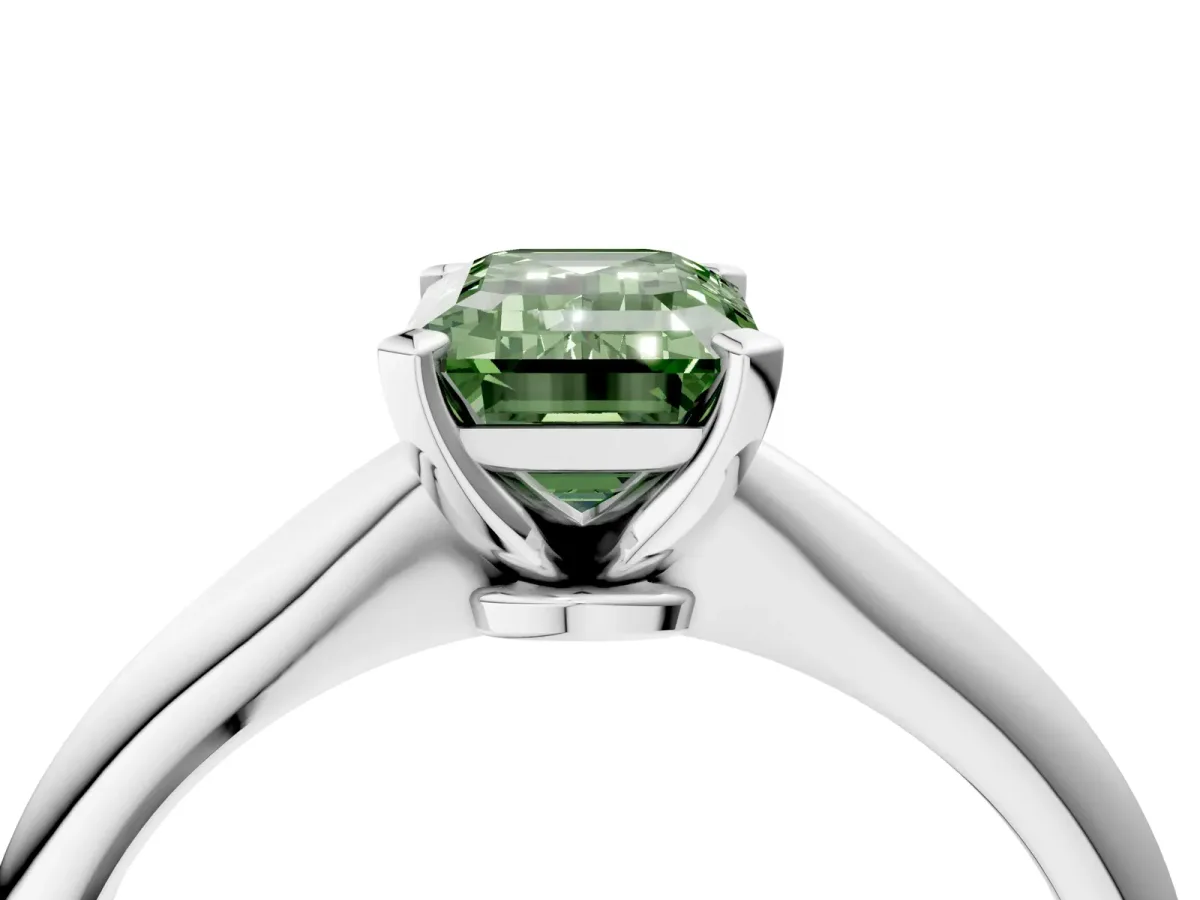 Fancy Green Emerald Cut Diamond Solitaire Engagement Ring with Classic Band and Four-Prong Setting Platinum