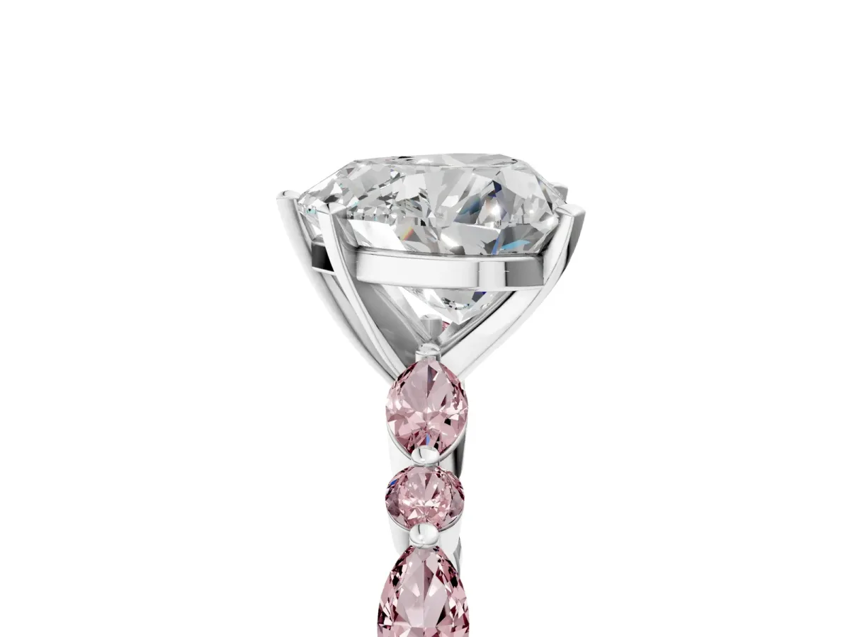 Heart Cut Diamond Ring with Marquise and Round Morganite Side Stones and Four-Prong Setting Silver
