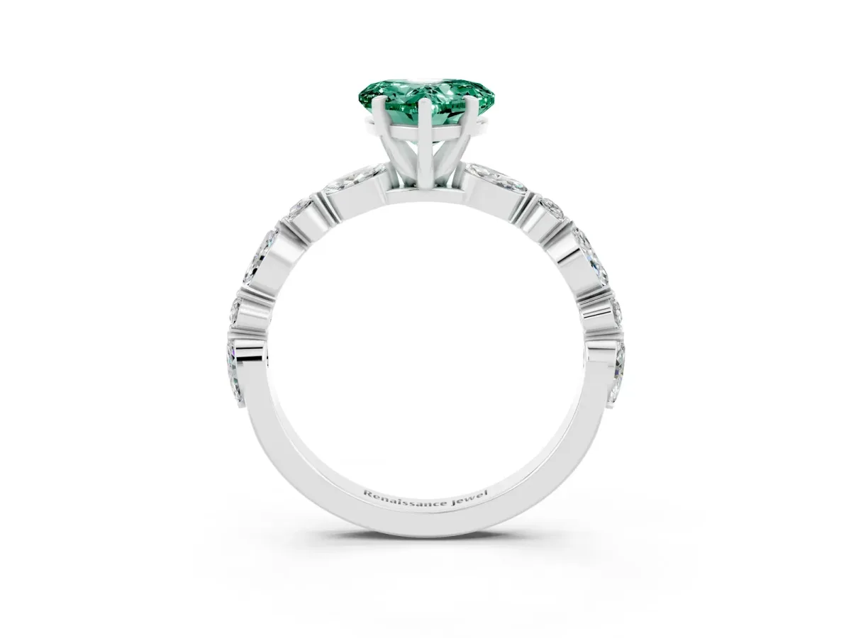 Heart Cut Green Sapphire Ring with Marquise and Round Side Stones and Four-Prong Setting Platinum