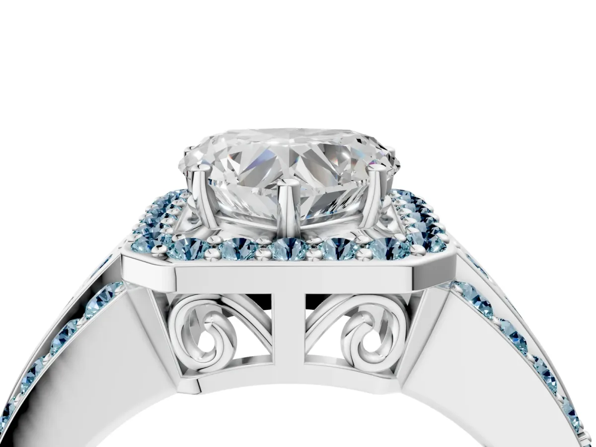 Heart Cut Halo Diamond Ring with Round Aquamarine Split Shank and Prong Setting Silver