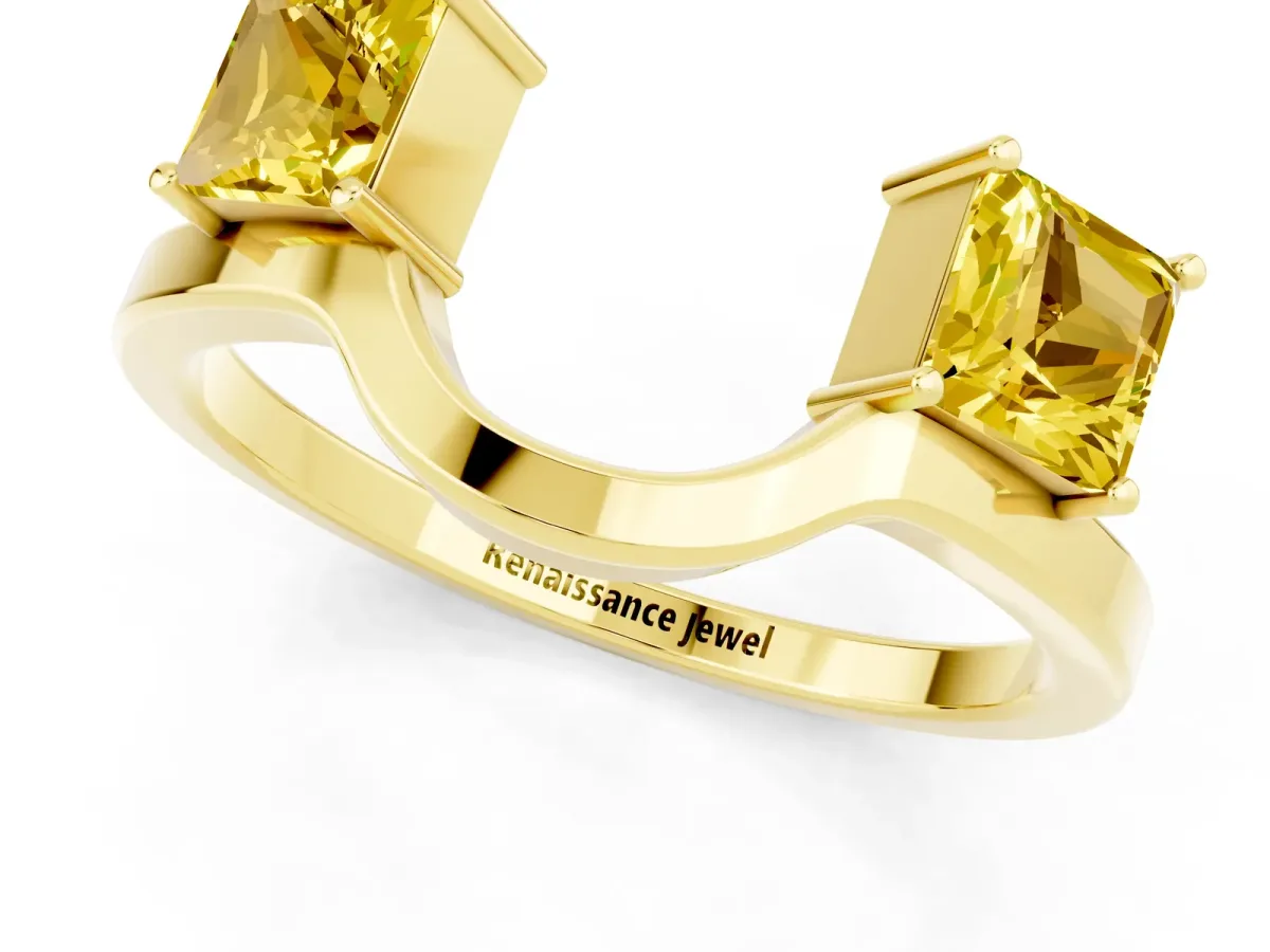 Princess Cut Yellow Sapphire Two-Stone Open Band Ring with Four-Prong Setting Yellow gold
