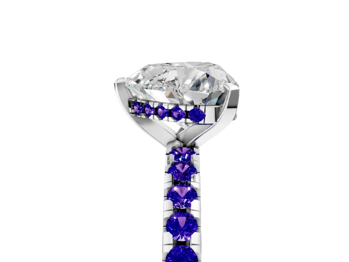 Heart Cut Diamond Solitaire Ring with Round Tanzanite Pavé Band and Four-Prong Setting Silver