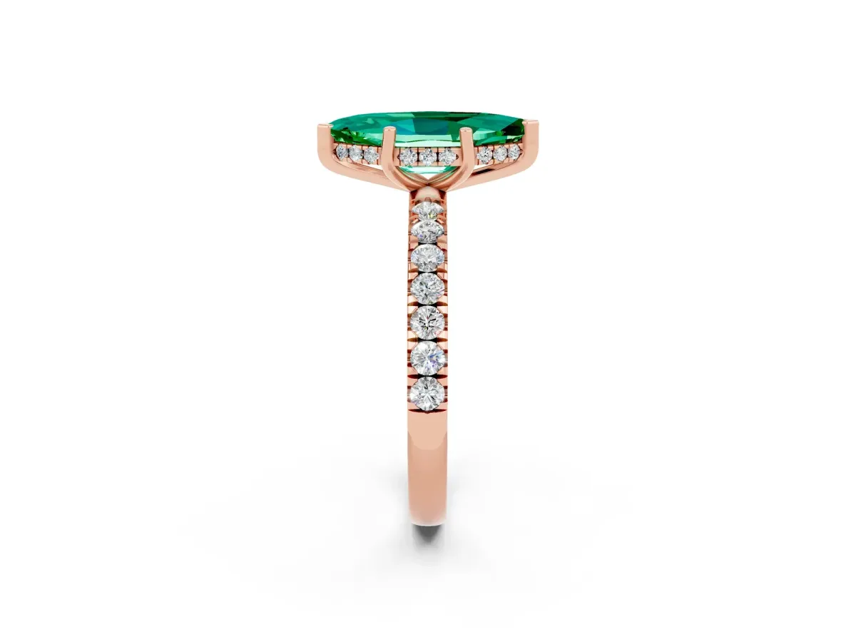 Marquise Cut Emerald Pave Band Solitaire Ring with Round and Prong Setting Rose gold