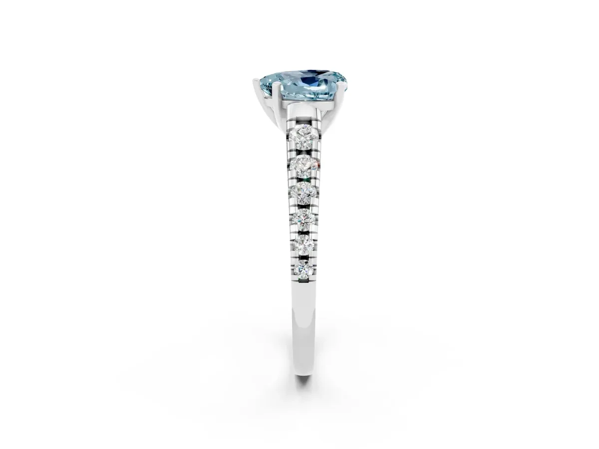 Heart Cut Aquamarine Cathedral Solitaire Ring with Round Pavé Band Silver