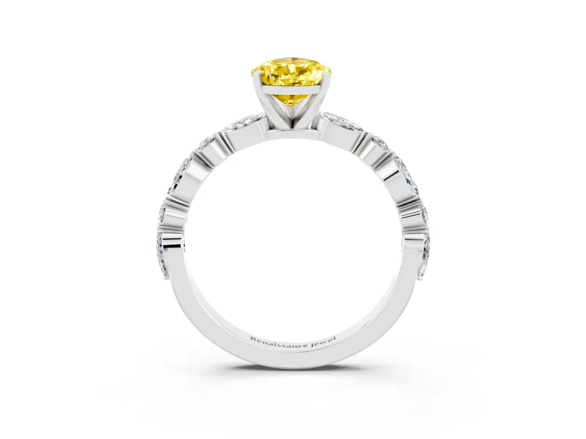 Pear Cut Yellow Sapphire Ring with Marquise and Round Side Stones and Four-Prong Setting Silver
