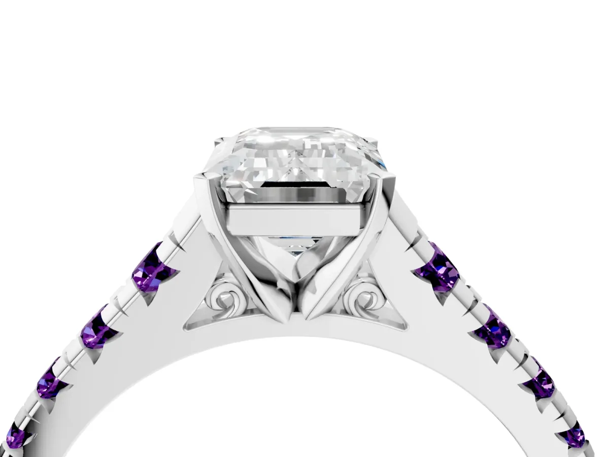 Emerald Cut Diamond Cathedral Solitaire Ring with Round Amethyst Pavé Band Silver