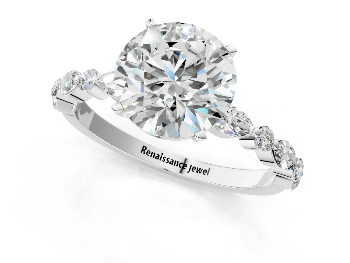 Round Cut Diamond Ring with Marquise and Round Moissanite Side Stones and Four-Prong Setting Silver
