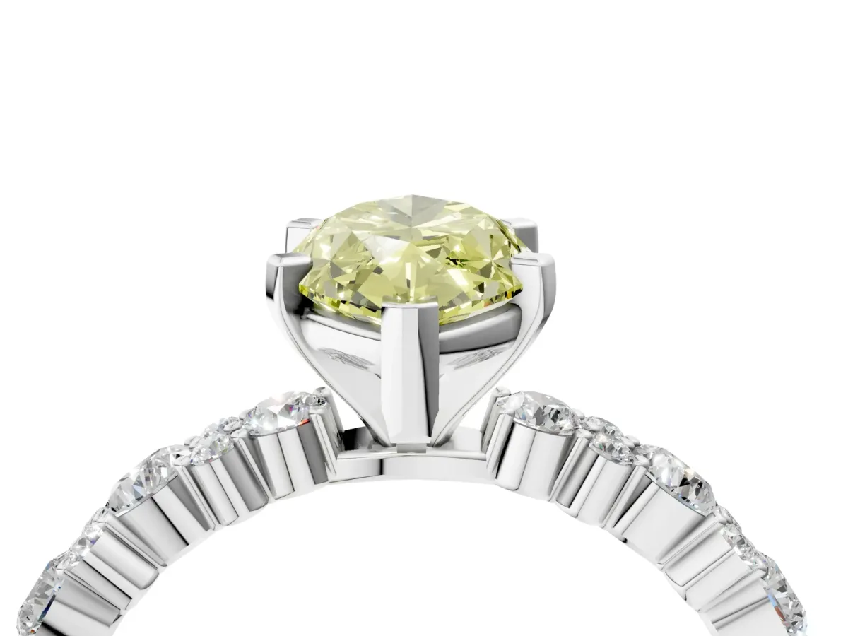 Fancy Yellow Marquise Cut Diamond Side Stone Solitaire Ring with Round and Four-Prong Setting White gold