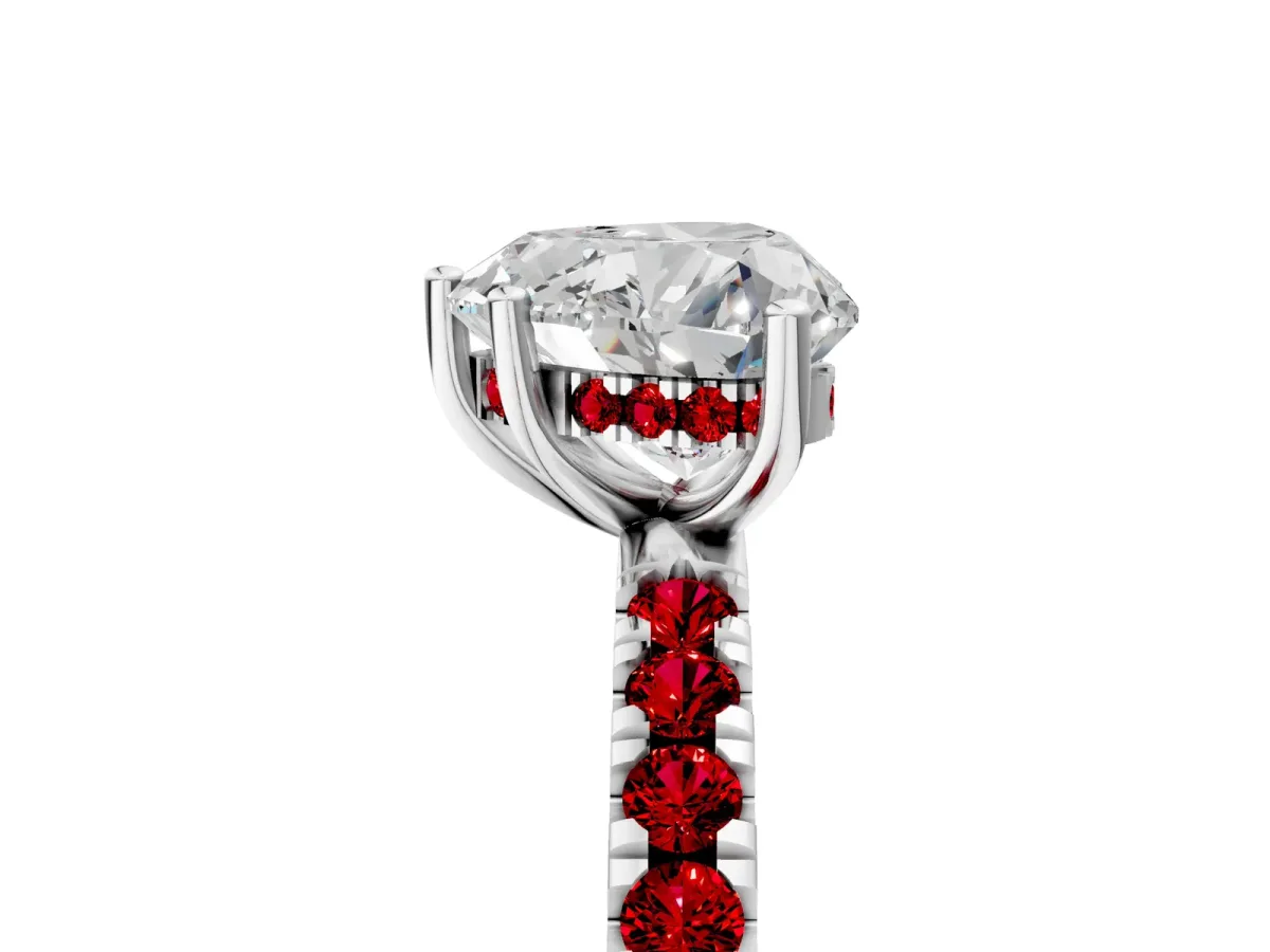 Heart Cut Diamond Pave Band Solitaire Ring with Round Ruby and Prong Setting Silver