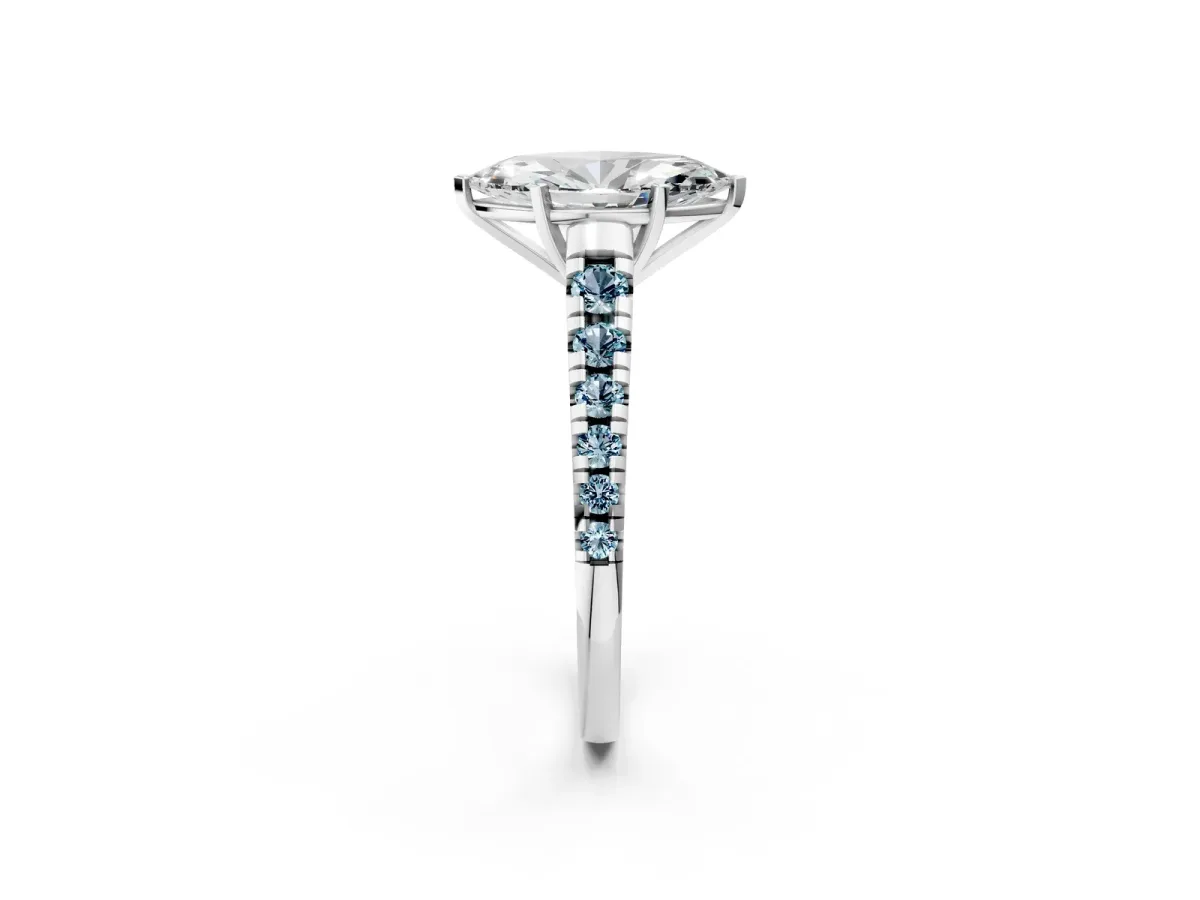 Marquise Cut Diamond Cathedral Solitaire Ring with Round Aquamarine Pavé Band Silver