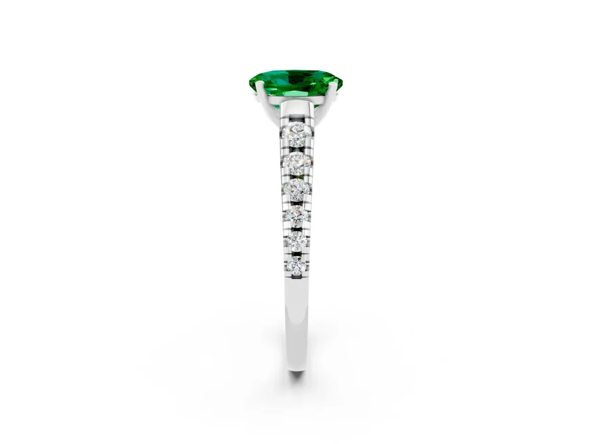 Oval Cut Emerald Cathedral Solitaire Ring with Round Pavé Band Silver