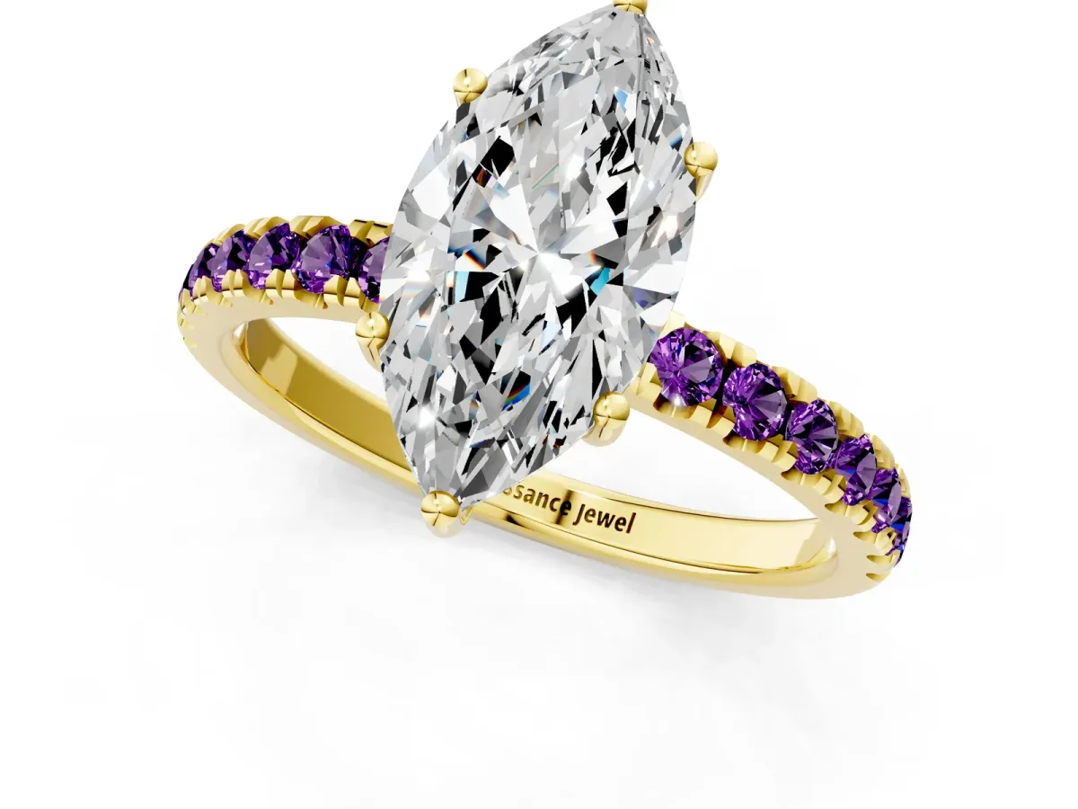 Marquise Cut Diamond Pave Band Solitaire Ring with Round Amethyst and Prong Setting Yellow gold