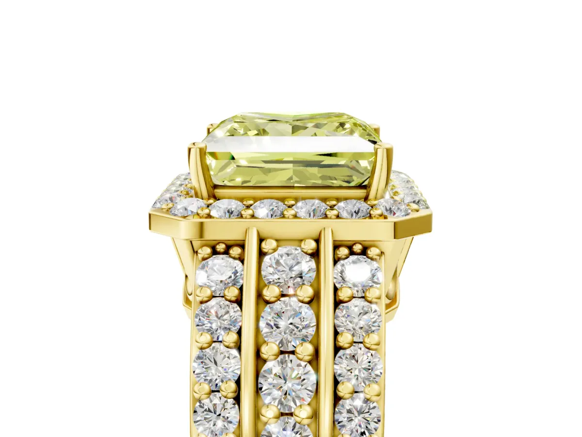 Fancy Yellow Princess Cut Halo Diamond Ring with Round Split Shank and Prong Setting Yellow gold