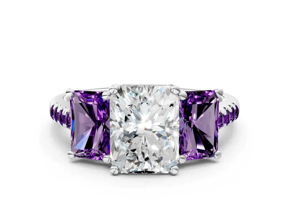 Three-Stone Radiant Cut Diamond Ring with Round Amethyst Pavé Band and Prong Setting White gold