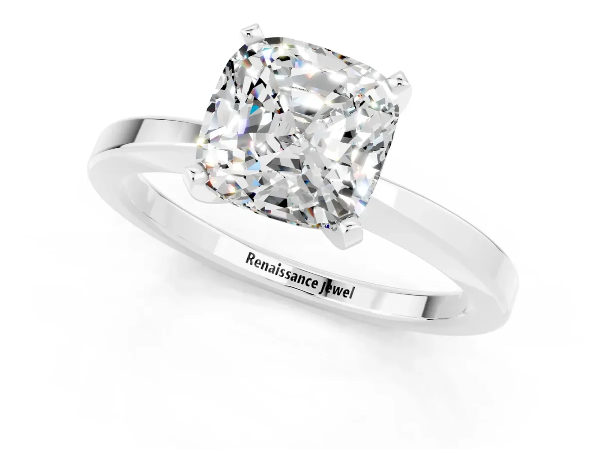 Cushion Cut Moissanite Solitaire Engagement Ring with Classic Band and Four-Prong Setting Silver