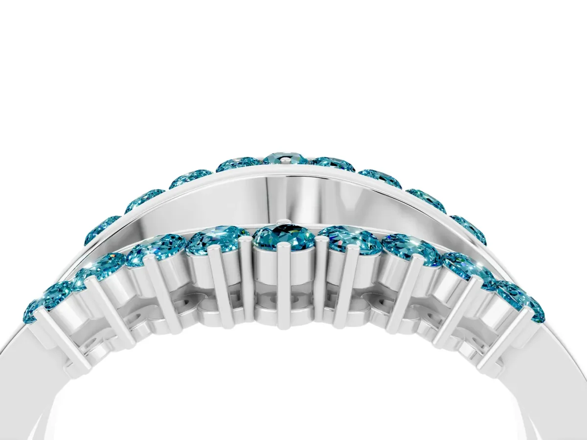 Round Blue Topaz Chevron Contour Band with Prong Setting White gold