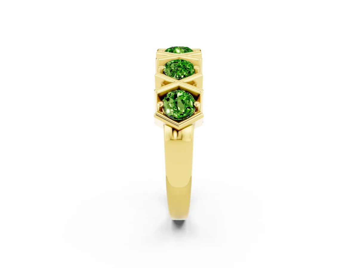 Round Peridot Channel Set Band with X-Prong Detail Yellow gold