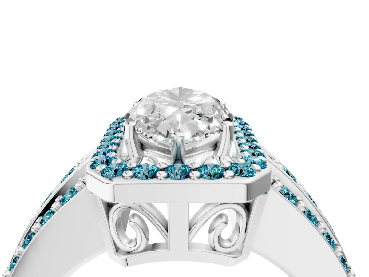 Marquise Cut Halo Diamond Ring with Round Blue Topaz Split Shank and Prong Setting Silver