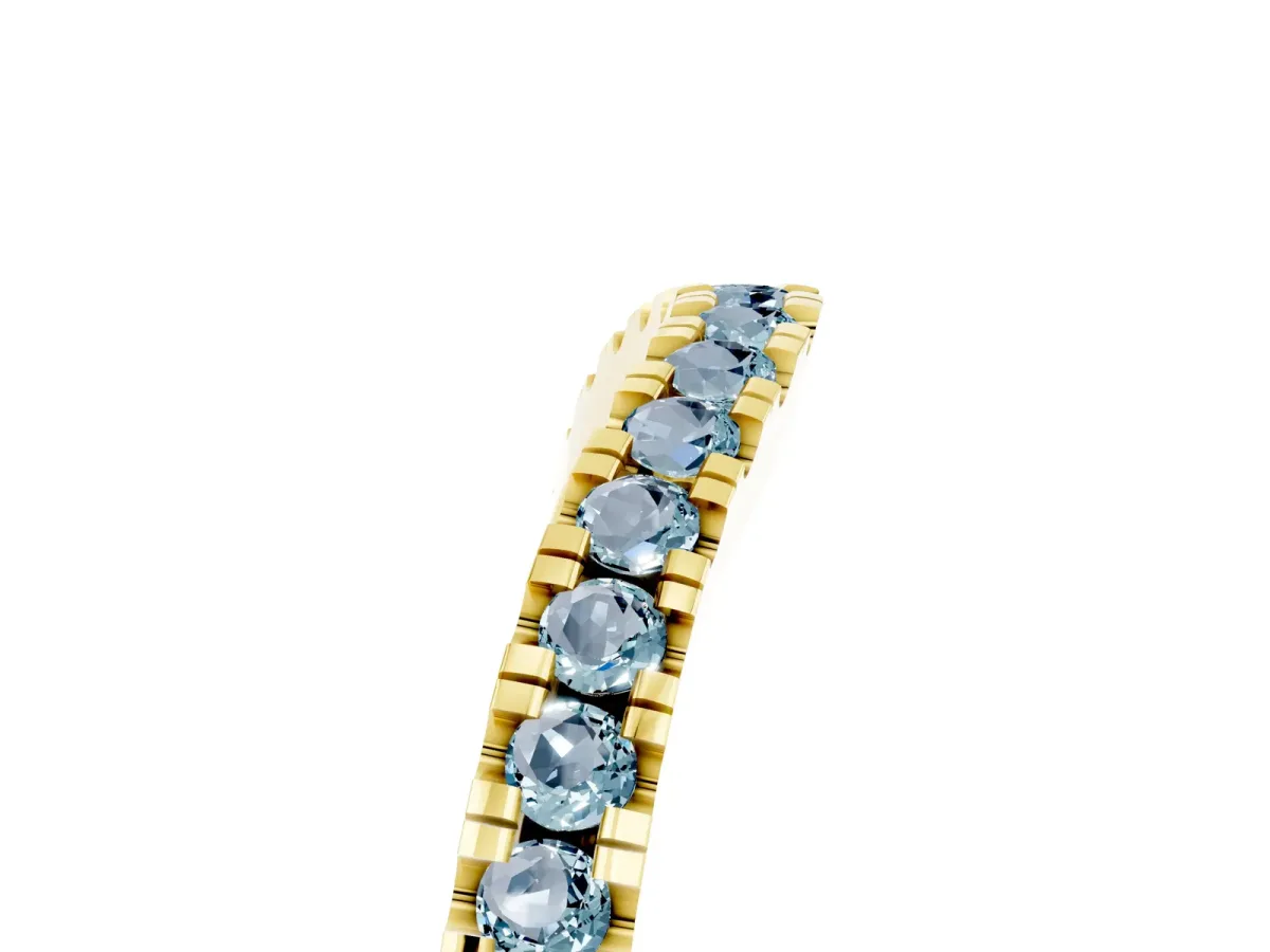 Round Aquamarine Pavé Curved Band with Shared Prong Setting Yellow gold