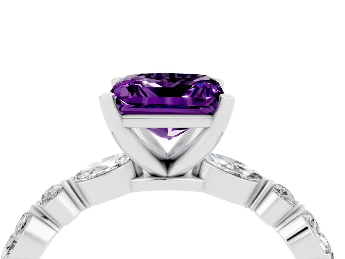 Princess Cut Amethyst Ring with Marquise and Round Side Stones and Four-Prong Setting Platinum