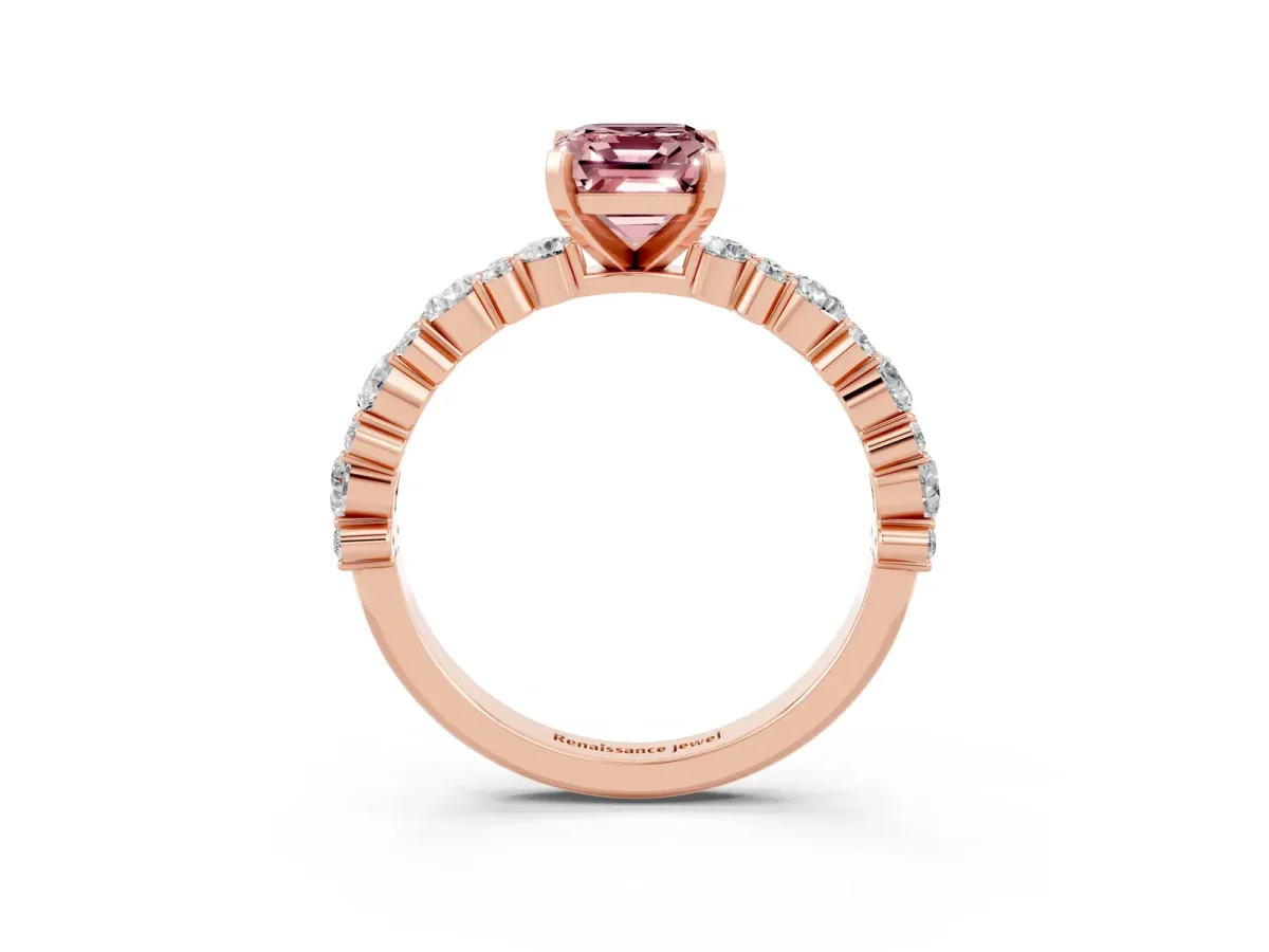Emerald Cut Morganite Side Stone Solitaire Ring with Round and Four-Prong Setting Rose gold