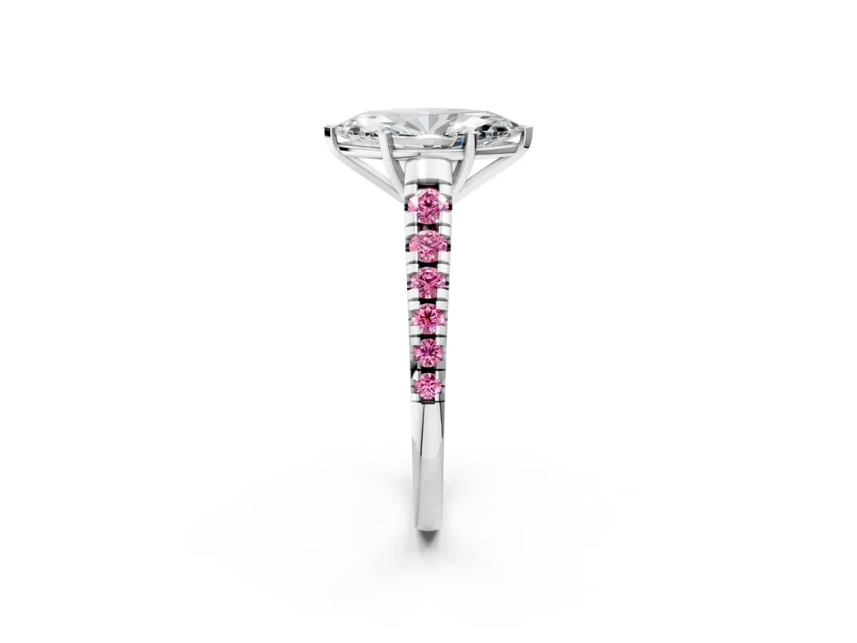 Marquise Cut Diamond Cathedral Solitaire Ring with Round Pink Sapphire Pavé Band Silver